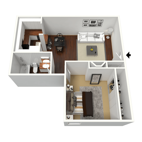 a stylized floor plan with a bedroom and a living room